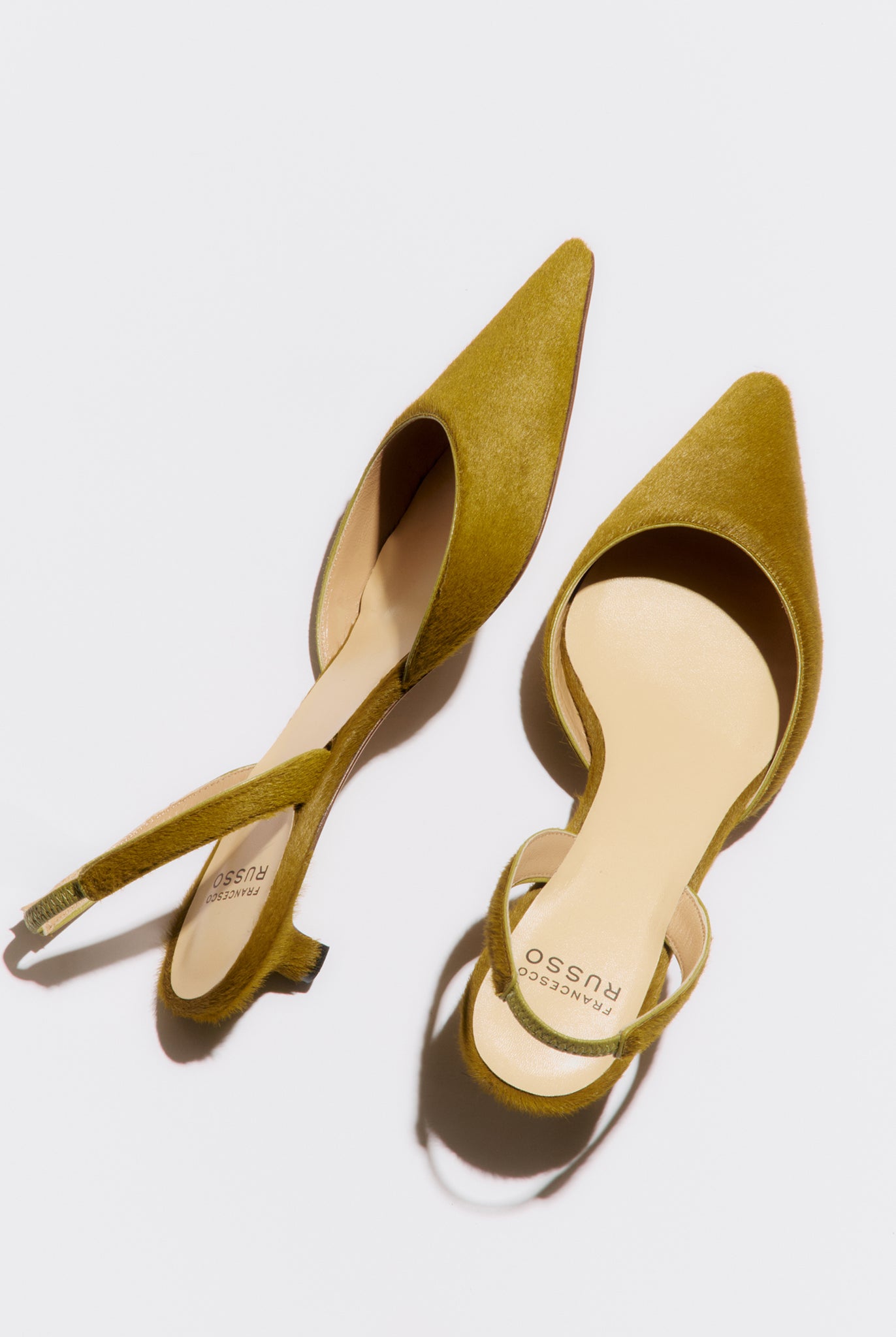 olive green low heeled slingback in haircalf