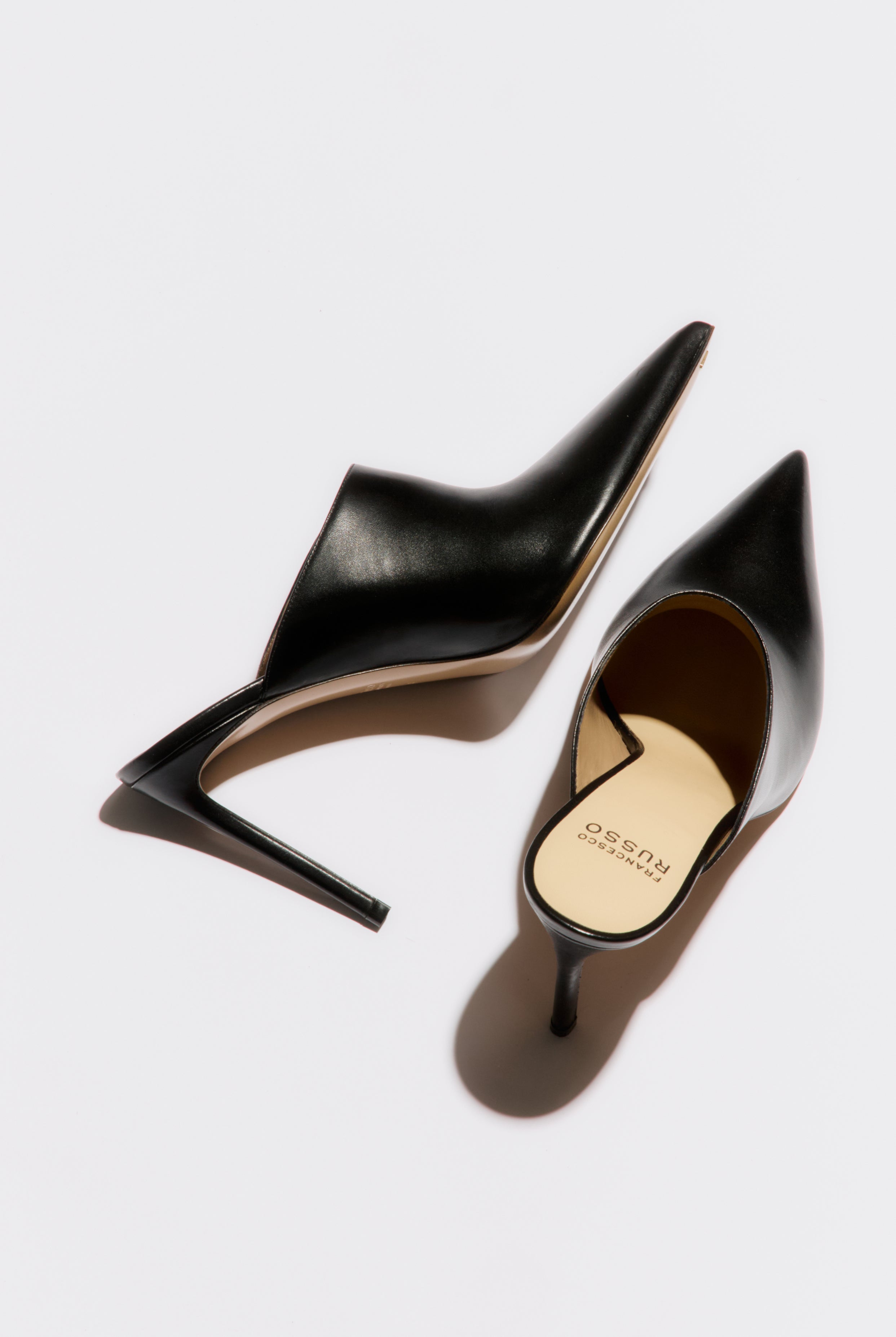 high heeled mule in black leather