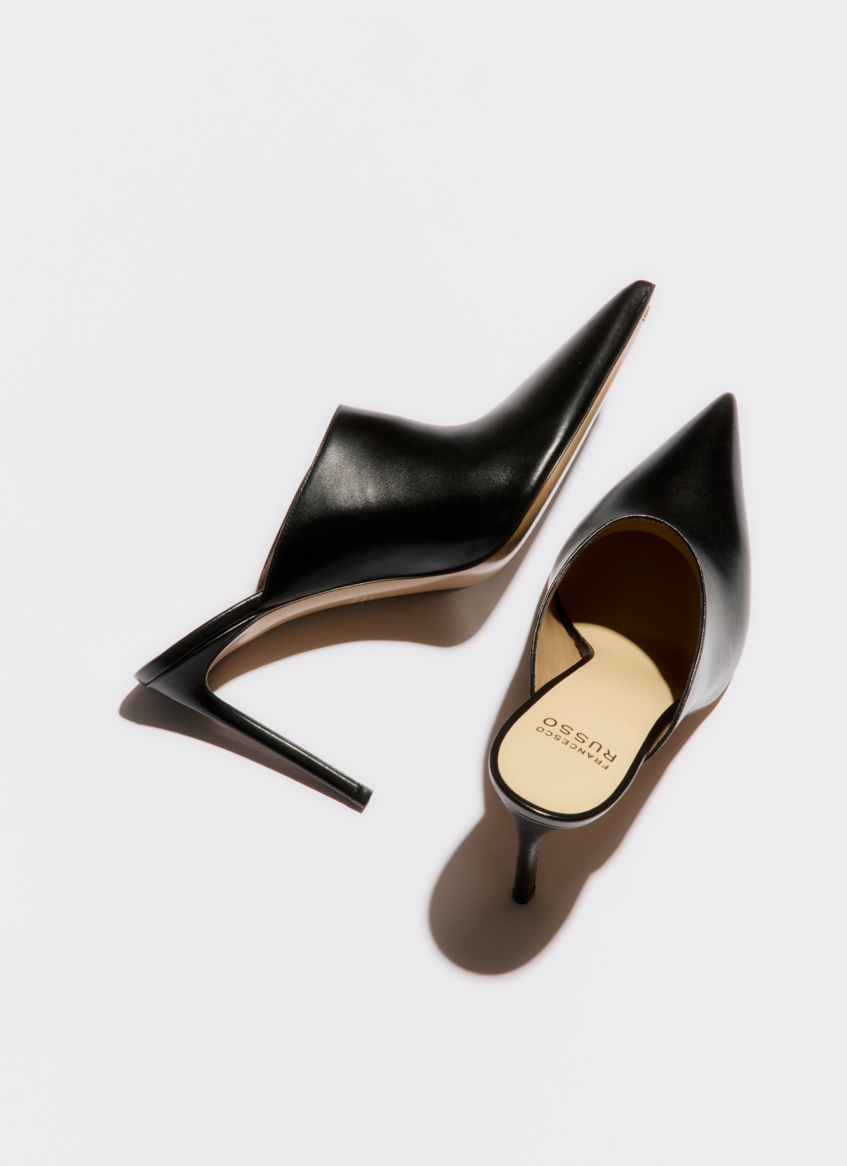 high heeled mule in black leather