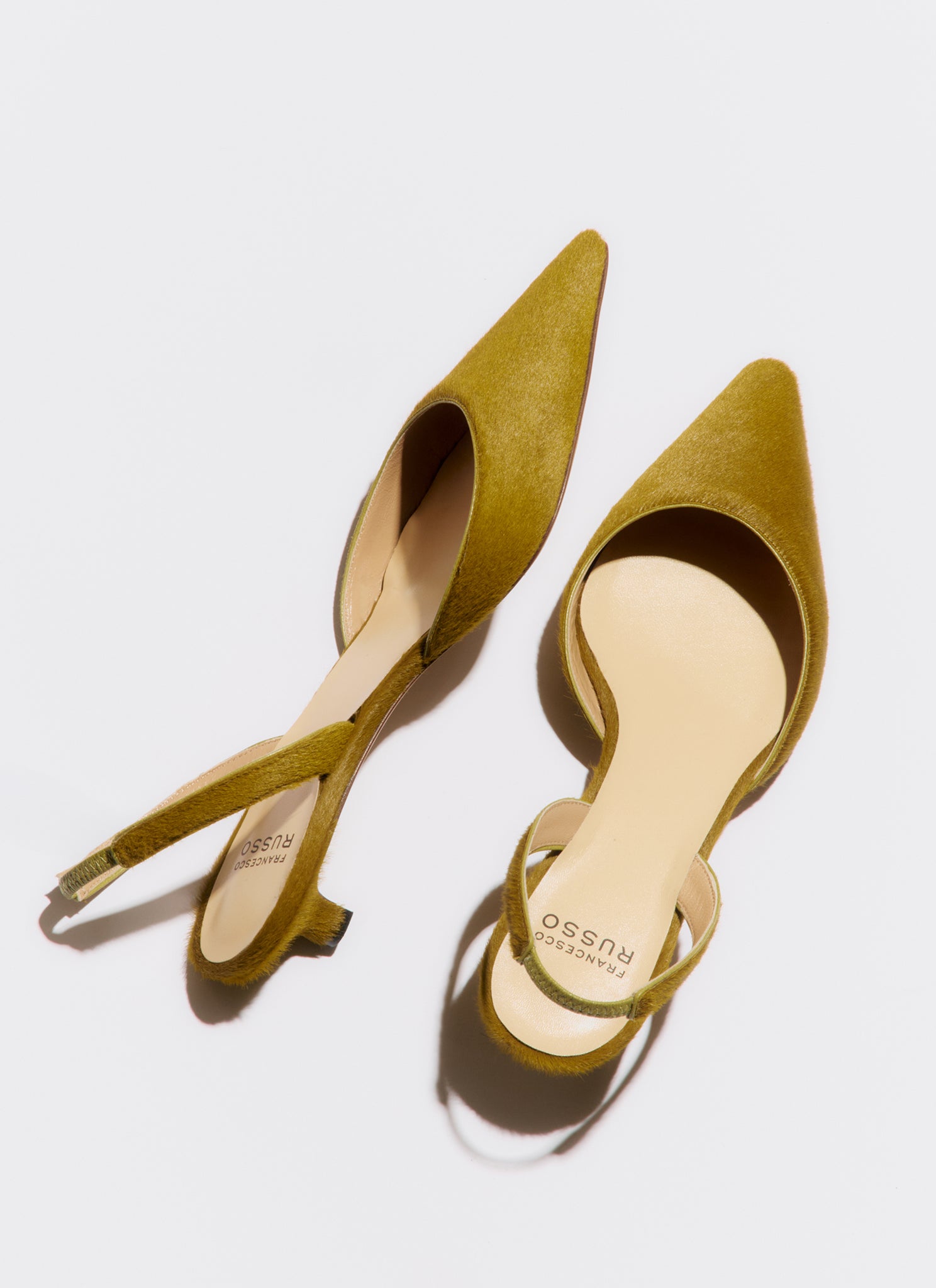 olive green low heeled slingback in haircalf