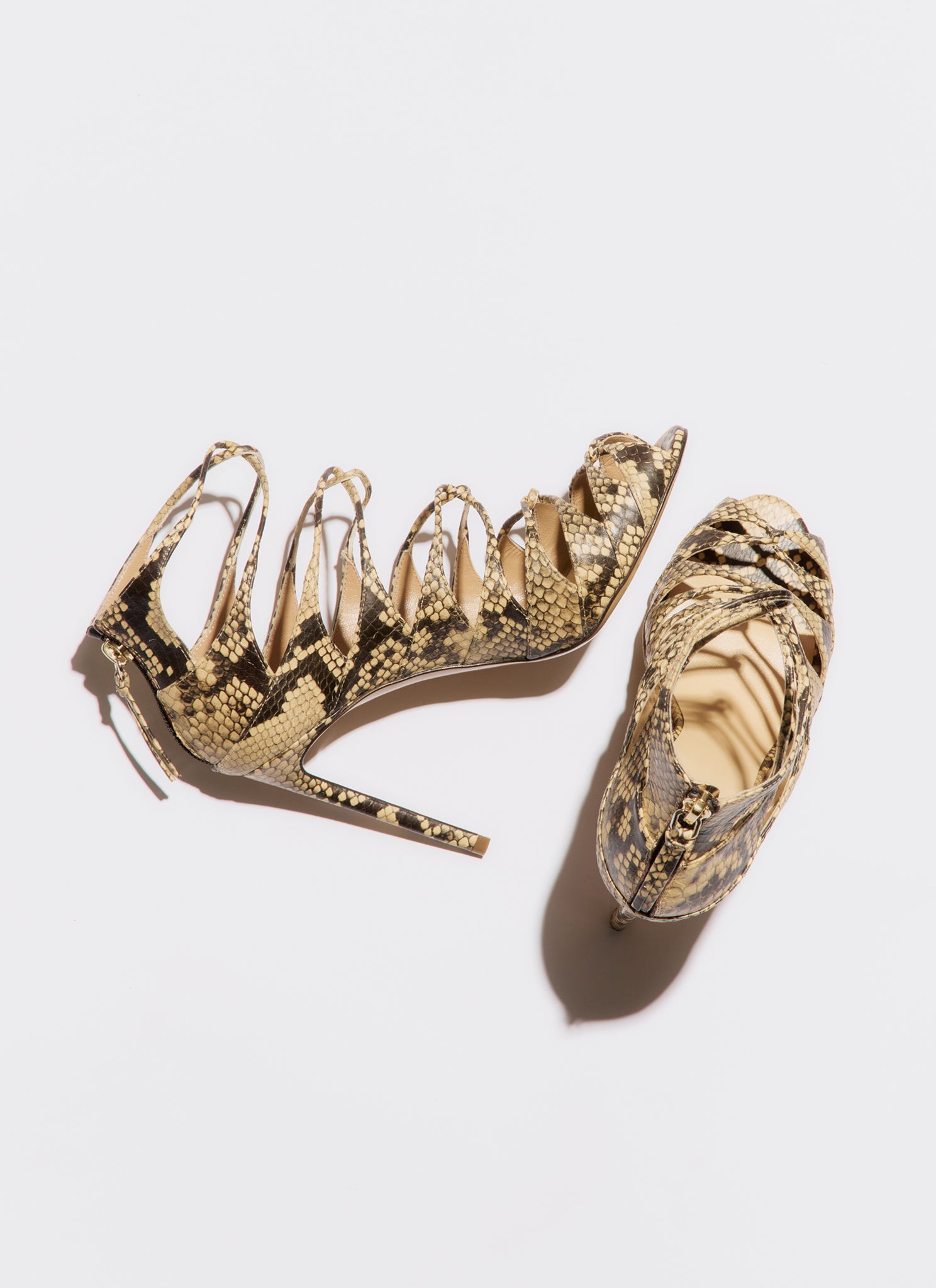 High-heeled snake print sandal on a light gray background